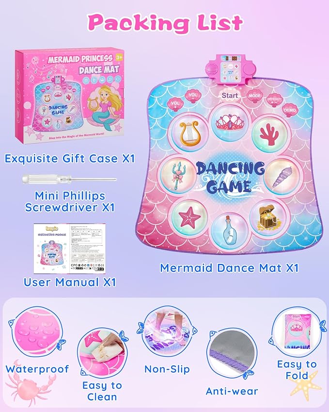 Dance Mat for Kids 3-12 Year Old Girls: 2025 Exclusive Mermaid Dance Mat Toy, 9-Button Light Up Board, 3 Game Modes 9 Levels Dance Pad, Music Princess Toys Birthday Xmas Gifts for 3-12 Girls