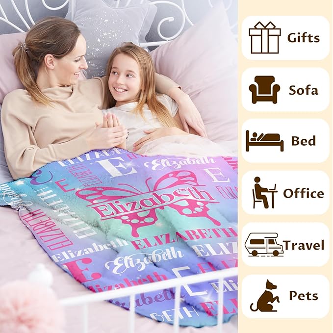 Girls Blankets, Custom with Name Butterfly Throws Gifts for Kids Teens Women, Personalized Soft Comfy Monogram Flannel Fleece Blanket for Bed Couch Sofa Home Decor, Butterfly Stuff Themed Gifts