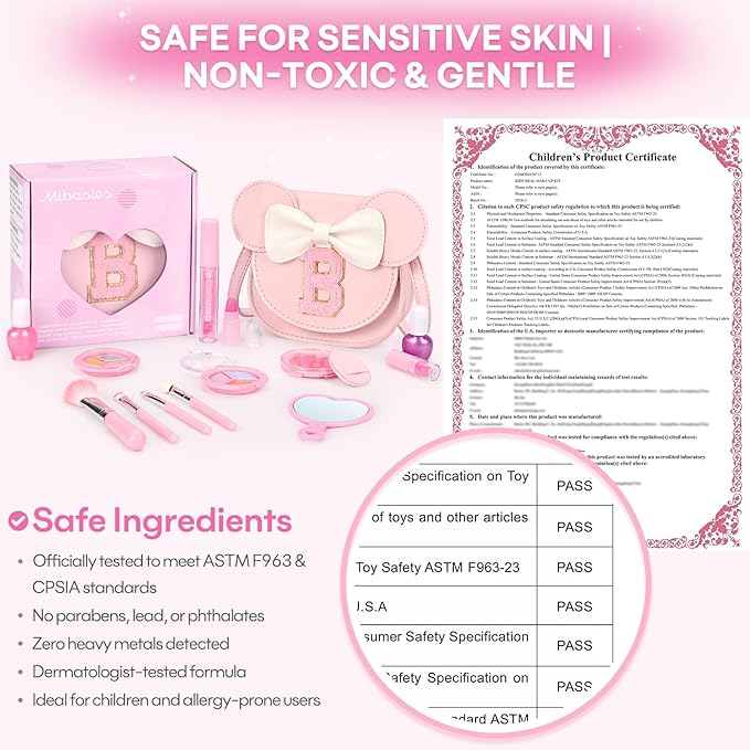 Kids Makeup Kit for Girls - 15 Pcs Real Washable Make Up Set - Non Toxic Toddlers Cosmetic with Letter Mouse Ear Purse - Dress up Birthday Gifts for 3 4 5 6 7 8 Years Old Girls - B