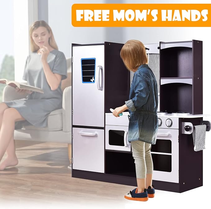 Costzon Kids Play Kitchen, Wooden Kids Kitchen Playset w/Realistic Sound, Microwave, Oven, Refrigerator, Chalkboard & Towel Rack, Toy Kitchen for Kids,Toddler, Baby, Boys & Girls (Coffee)