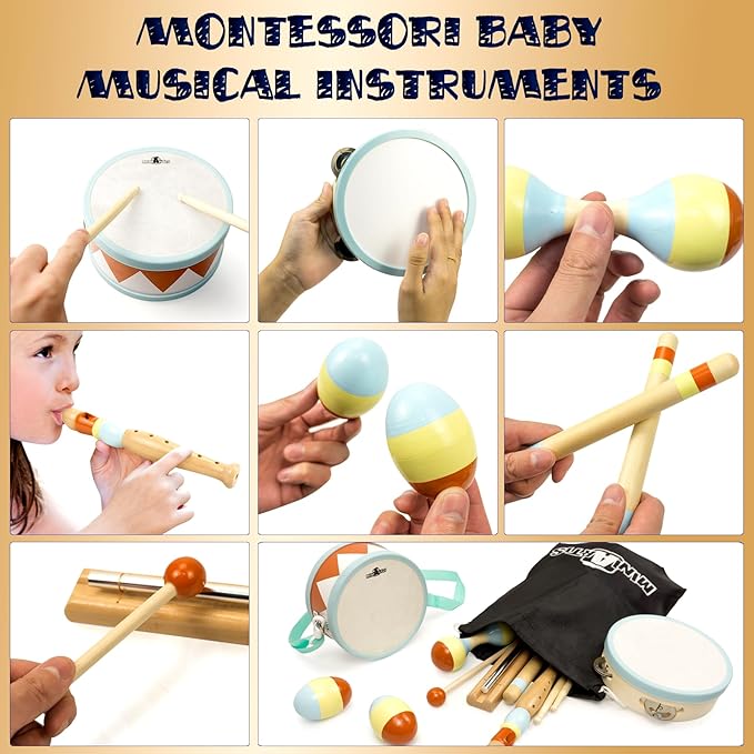 MINIARTIS Toddler Musical Instruments - Montessori Wooden Musical Toys for Toddlers 1-3 | Modern Boho Baby Drum Set with Neutral Colors Percussion Instruments | Kids Preschool Educational 3+