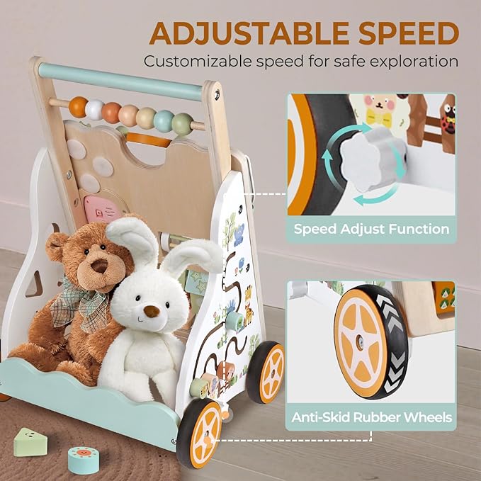 Baby Push Walker, Wooden Baby Walker with Wheels, Montessori Activity Center for 1 2 3 Years Old Boys Girls, Adjustable Speed & Height Push Toy for Toddlers, Educational Gift for 1+ Kids Development