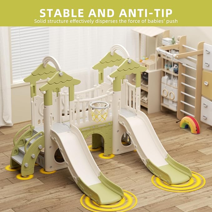 KORIMEFA 10-in-1 Toddler Slide, Kid Double Slide for Toddlers Age 1-3, Basketball Hoop, and Telescope, Indoor Outdoor Slide Toddler Playset Toddler Playground, Forest Themed Green, FE-ST-SWW0464