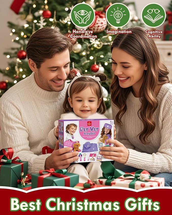 Lehoo Castle Toys for 3 4 Years Old Girls, Vet Play Sets, Wooden Doctor Kit for Toddlers 3-5 Pink, Pretend Play Dr Kits with Puppy, Dog Bag, Medical Accessories