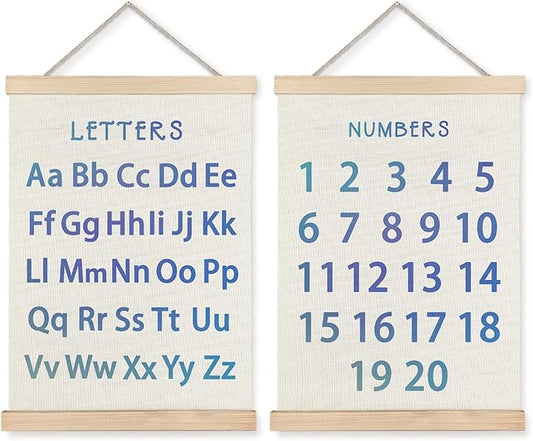 Supwhd Classroom Wall Decor, Numbers and Alphabet Educational Wall Art Poster, Alphabet ABC Numbers from 1 to 20 Poster Wall Decor for Toddler Kids Room Playroom Classroom, 12x16 Set of 2（Blue）