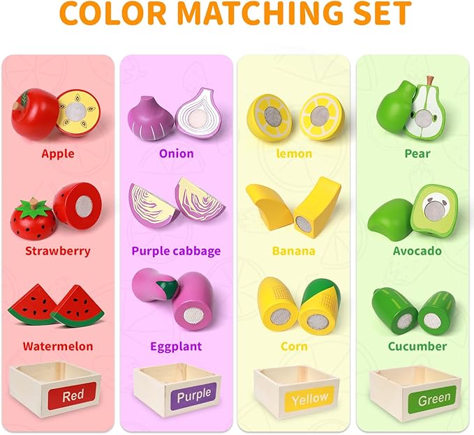 MerryPony 30 Pcs Wooden Play Food Sets for Kids Kitchen Accessories, Velcro Fruit and Veggies for Toddlers, Velcro Fruit Cutting Toys for Kids, Color Sorting Play Food Set, Play Food for Toddlers 1-3