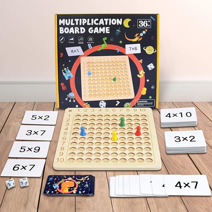 BAKAM Wooden Multiplication Board Math Game for Kids 8-12, Math Manipulatives Set with 100PCS Flash Cards for Kids 6-8 Years Old, Montessori Counting Toy Preschool Learning