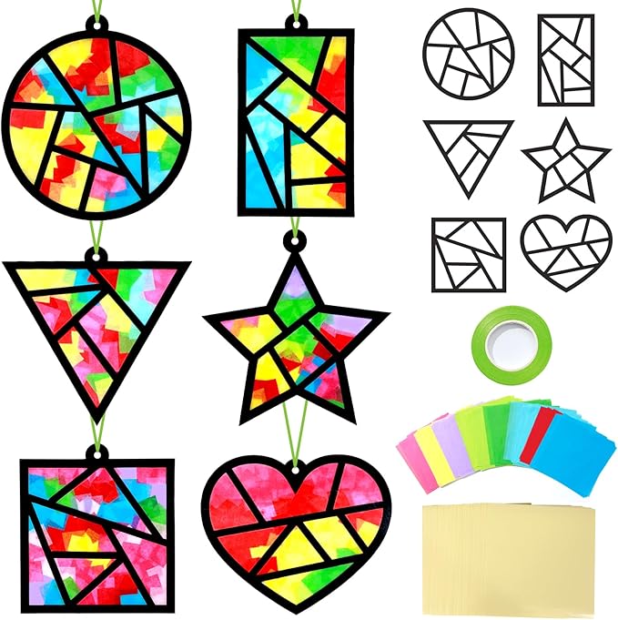 Qyeahkj 36 Set Geometric Shapes Suncatcher Crafts for Kids DIY Star Window Tissue Paper Craft Kit Triangle Heart Hanging Decor for Summer School Home Activity Art Project Birthday Party Favor Gift