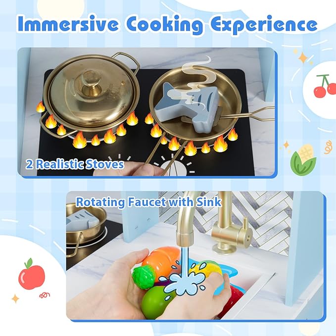 Costzon Kids Kitchen Playset, Toddler Pretend Cooking Playset w/Stoves, Faucet, Sink, Coffee Machine, Range Hood, Microwave Oven & Ice Dispenser, Wooden Chef Play Kitchen for Kids Aged 3+ (Blue)