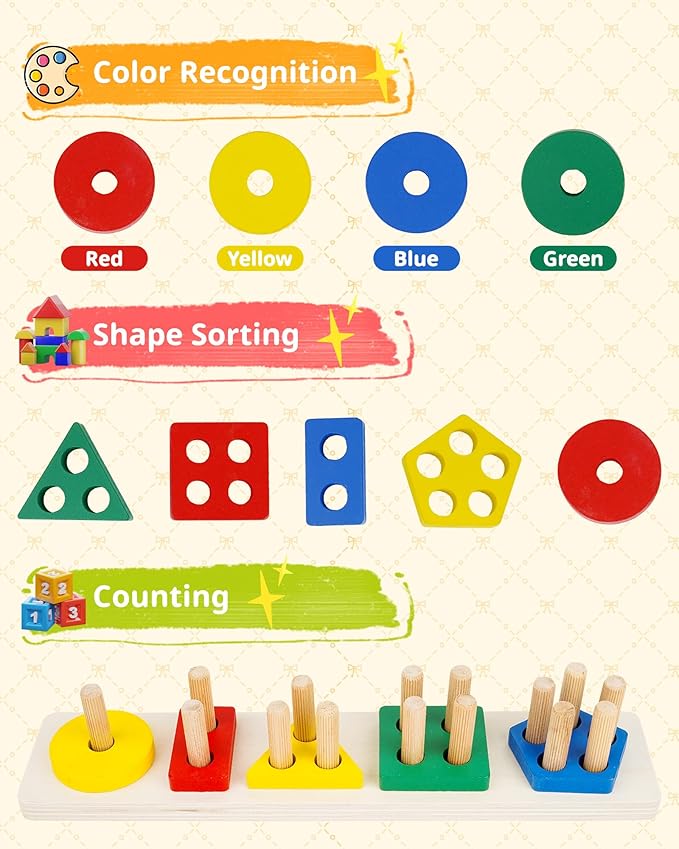 Montessori Toys for 1 2 3 Year Old, Wooden Stacking & Sorting Toy with Geometric Shapes, Educational Learning Toys and Birthday Gifts for Toddlers Boys Girls 1-3