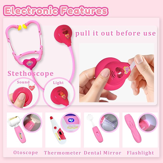 24Pcs Doctor Kit for Toddlers 3-5, Kids Doctor Pretend Play Set with Costume, Stethoscope, Funny Doctors Kit Toys Christmas Birthday Gift for Girls Ages 3 4 5 Year Old, Pink