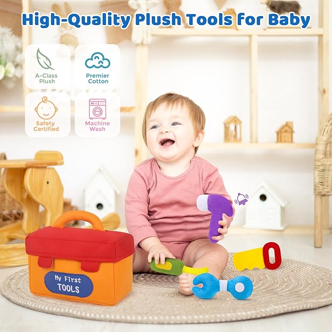 KMUYSL Baby Toys 0-6-12 Months, My First Tools Plush Toys -4 Pcs Sensory Playset Soft Toys with Squeaker Crinkle for 0-6-9-12 Months Newborn Infant, Birthday Christmas Gifts for Boys Girls