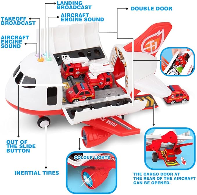 Dwi Dowellin Airplane Toys with Fire Truck Cars Toy Set and Play Mat,Plane with Light Up and Sounds,Birthday Gift for 3 4 5 6 Years Old Kids Boys Girls(Medium)