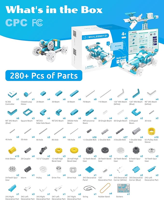 WhalesBot D1 21-in-1 STEM Coding Robot Kit for Kids (Ages 4+), 280+ Pieces Educational Building Set with APP-Controlled & Programming, 3D APP Guidance, Ideal Toy Gift for Boys & Girls
