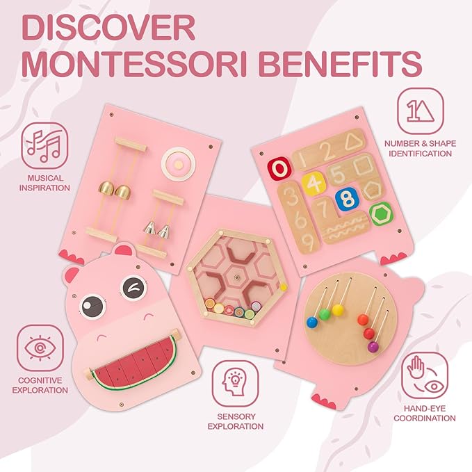 Monläurd® Hippo Montessori Busy Board, Sensory Board, Educational Toys, Sensory Wall Panel, Wall Toys, Daycare Furniture, Playroom Furniture, Learning Toys, Boys and Girls 6 M+