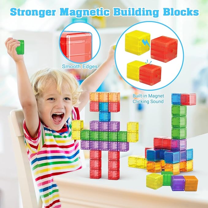 1.4 inch Large Magnetic Blocks for Kids, 30pcs Magnet Building Blocks, Preschool STEM Sensory Montessori Stacking Cubes Educational Building Toys for 3 4 5 6 7 8 Year Old Boys Girls