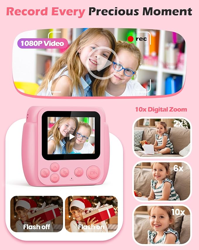 Kids Camera Instant Print - Christmas Birthday Gifts for Girls Boys Age 3-12, 1080P Video Digital Camera with 3 Rolls Printing Paper, Toddler Travel Toy Camera for 4 5 6 7 8 9 10 11 Year Old - Pink
