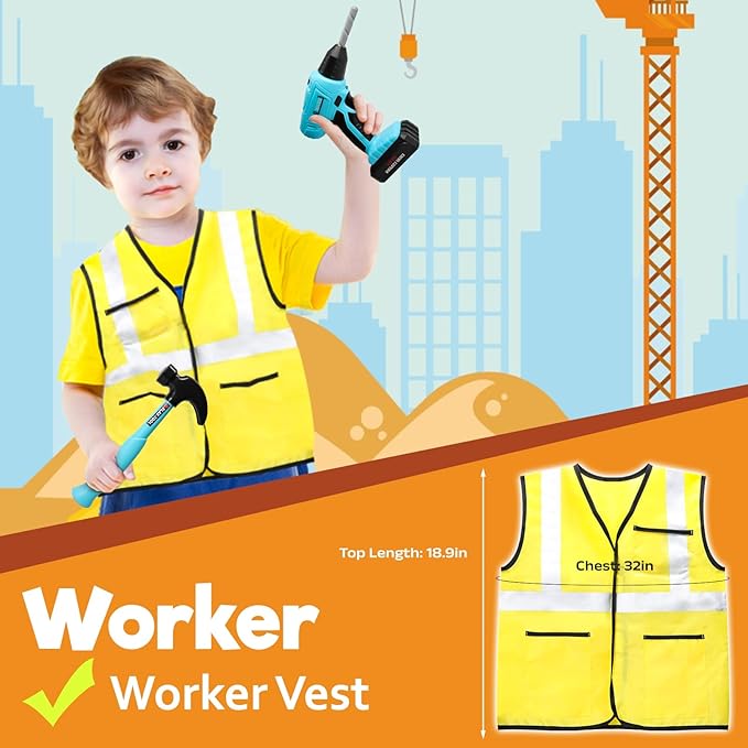 LOYO Kids Tool Set - 50 PCS Pretend Play Toy Box with Construction Vest and Electronic Drill Set for Toddlers Boys Ages 3-7 Years Old Christmas Birthday Gift (Blue)