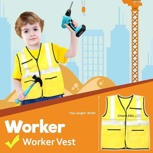 LOYO Kids Tool Set - 50 PCS Pretend Play Toy Box with Construction Vest and Electronic Drill Set for Toddlers Boys Ages 3-7 Years Old Christmas Birthday Gift (Blue)