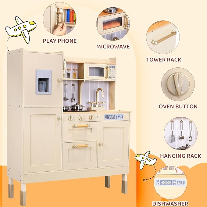 Wooden Play Kitchen for Kids, Toddler Vintage Kitchen Toy Set w/Pretend Phone, Ice Maker, Towel Rack, Height Adjustable Realistic Playset Chef w/Light & Sound (Beige)