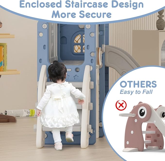 KORIMEFA 7-in-1 Toddler Slide & Climber Playset with Basketball Hoop, Ring Toss, Telescope Indoor/Outdoor Activity Center for Kids 1-3 Years Blue