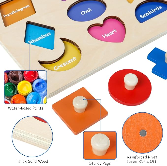Wooden Shape Peg Puzzles for Toddlers 1 2 3 Year Old, Toddler Learning Toys Shape Sorter Color Match Montessori Toys Educational Puzzles for Toddlers 2-4 Easter Birthday for Girls