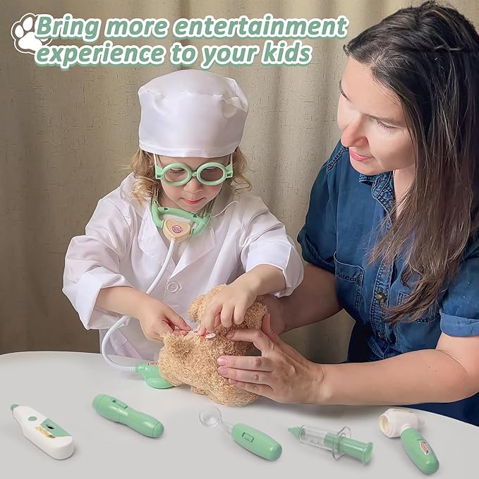 Liberry Doctor Kit for Toddlers 3 4 5 6 Years Old, 26 Pcs Kids Doctor Playset with Dog Toy, Stethoscope and Dress Up Costume, Pretend Play Medical Christmas Gift for Boys Girls (Green)