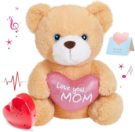 10" Recordable Heartbeat Bear Stuffed Animals Love You Mom with Voice Sweet Messages Recorder Soft Plush Toy Playback Your Words Gifts for Mother's Day Mom