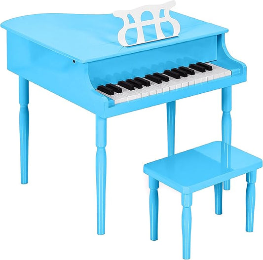 Best Choice Products Kids Classic Wooden 30-Key Mini Grand Piano Musical Instrument Toy w/ Piano Lid, Bench, Foldable Music Rack, Song Book, Note Stickers, Enamel Finish - Light Blue