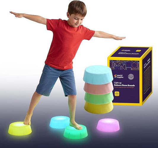 Special Supplies LED Stepping Stones for Kids – 4 Pack Light-Up Balance Blocks – Promote Coordination, Balance, Strength for Toddlers & Children – Durable Non-Slip Rubber, Safe Indoor & Outdoor Play