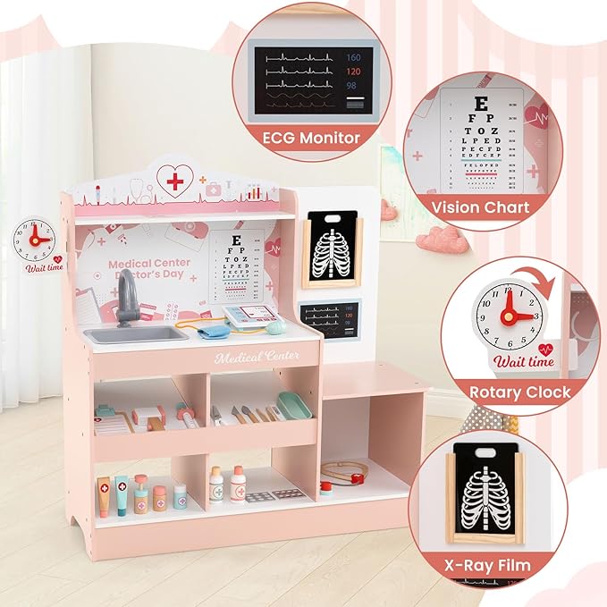 KOTEK Kids Doctor Play Set with 24 PCS Accessories, Wooden Medical Station with Eye Chart, ECG Monitor, X-Ray Film, Pretend Play Hospital Center for Toddlers, Toy Doctor Kit for Girls Boys (Pink)