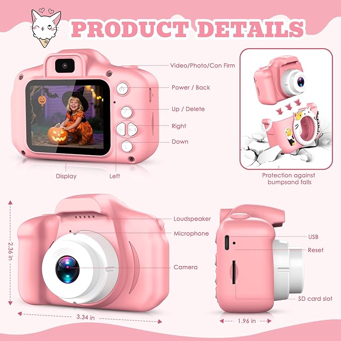 Kids Selfie Camera Toys for 3 4 5 6 7 8 9 10 11 12 Year Old Girls，Christmas Birthday Festival Gift for Kids Camera for Kids Upgrade Digital Camera with 32GB SD Card