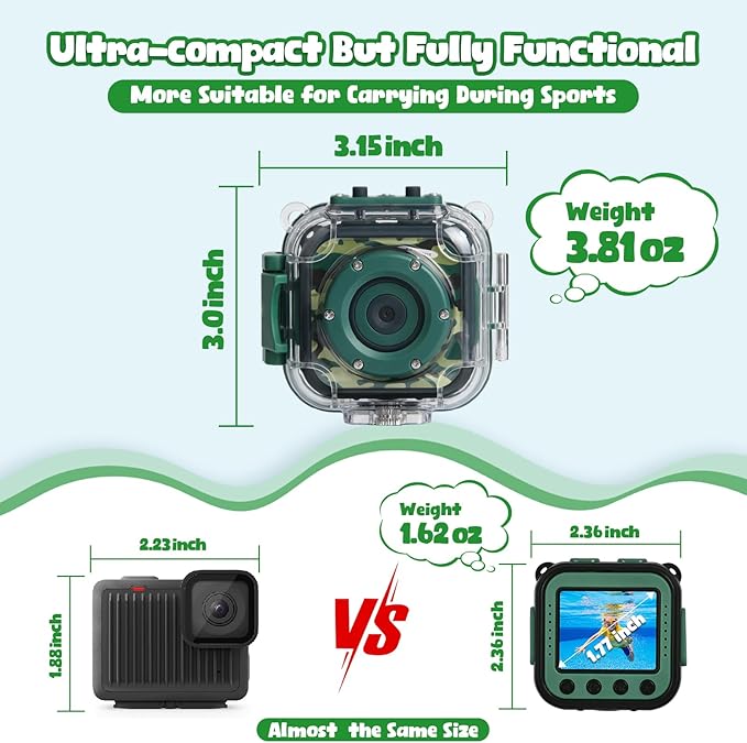 PROGRACE Kids Waterproof Camera - Birthday for 3-12 Year Old Boys 1080P HD Underwater Video Camera for Kids Pool Toys Toddler Digital Cameras with 32GB SD Card Green