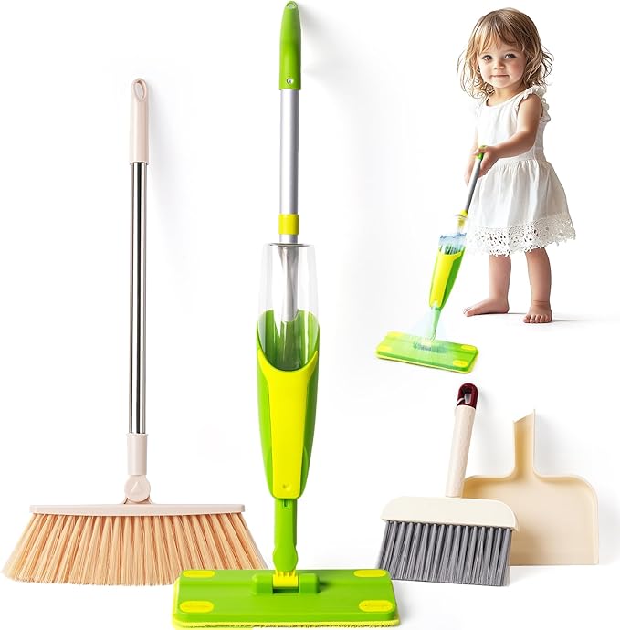 Kids Cleaning Toy Set,Mini Spray Mop Montessori Toys Pretend Play Cleaning Tool for Toddlers with Spray Mop & Kids Broom Dustpan Set Cleaning Toys Gift for Toddlers Girls Boys Age 3+