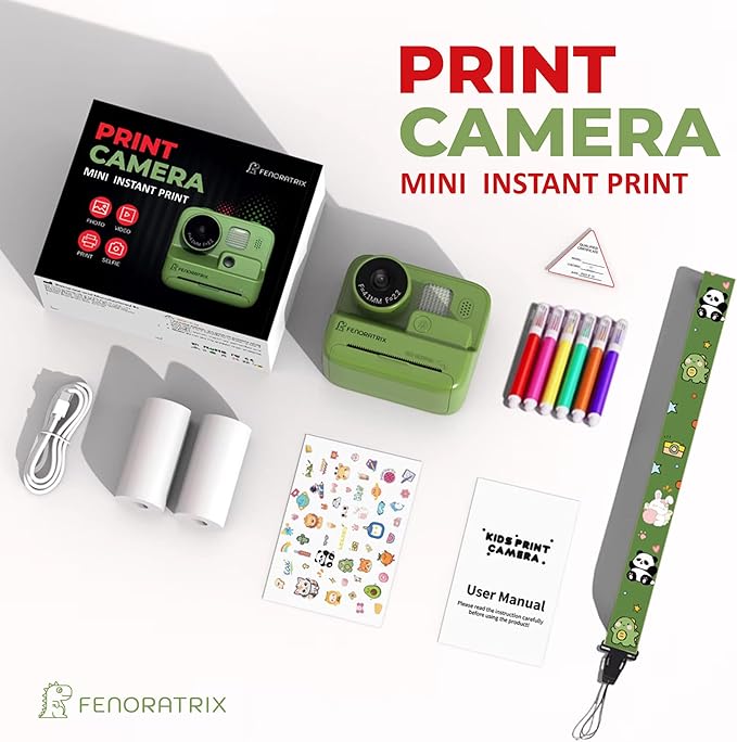 Instant Print Camera for Kids – No Ink Needed, 2.4" Screen, Selfie & 1080P Video, 10X Zoom, 3 Paper Rolls, Stickers & Markers, Fun Creative Gift for Boys & Girls Ages 3 4 5 6 7-12– FENORATRIX Green