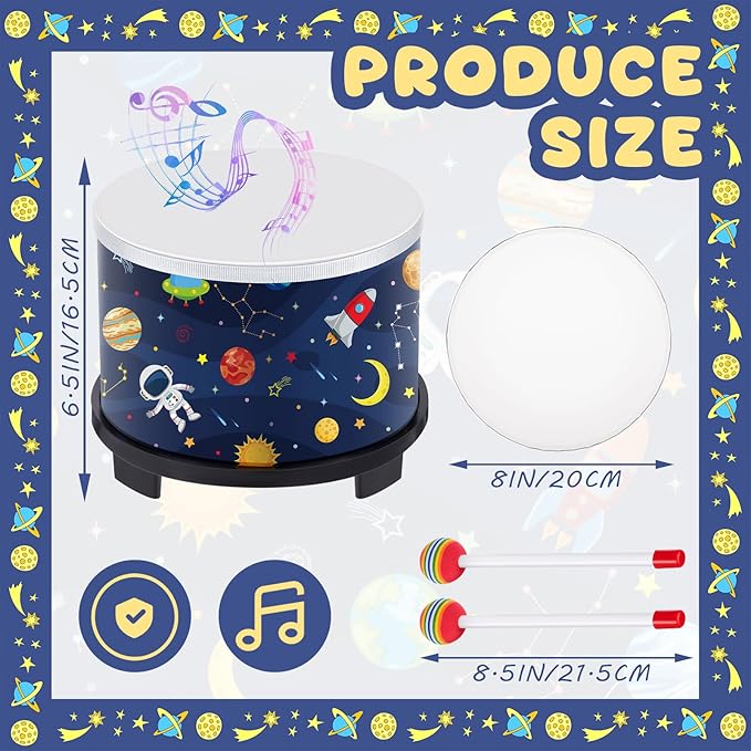 Boao Floor Tom Drum for Kids 8'' W x 6.5'' H Wooden Percussion Instrument Music Drum with 2 Rainbow Mallets Astronaut Educational Toys for Baby Children Toddler Boy Girl Birthday Gift