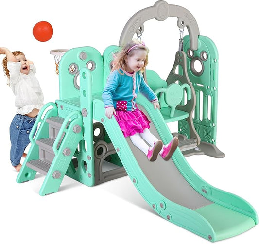 Arlopu 7 in 1 Toddler Slide and Swing Set, Kids Climber Playset with Ball & Hoop, Telescope, Suction Cup Reinforced Base, Baby Indoor Outdoor Playground (Light Green)