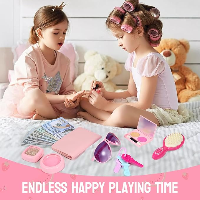 Pretend Play Purse for Little Girls, Toddler Purse with Pretend Makeup Toys for Toddlers, Princess Pretend Play Purse Toys with Accessories, Kids Purse Toy Birthday Gift for Girls Age 3 4 5 6+