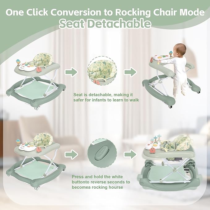 Foldable Baby 5-in-1 Activity Walker - Rocker, Activity Center, Bouncer, Seat Walker, Push Walker - Adjustable Speed Rear Wheels and Height Toys Ages 6-18 Months… (Light Green)