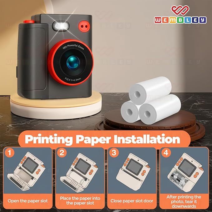 Wembley Kids Instant Print Camera with Dual Lens, 48MP, 1080P HD, 2.4" IPS Screen, 16X Zoom, 32GB SD Card, Thermal Printing, 6 Pens, 4 Rolls, USB Type-C, for Girls & Boys- Black