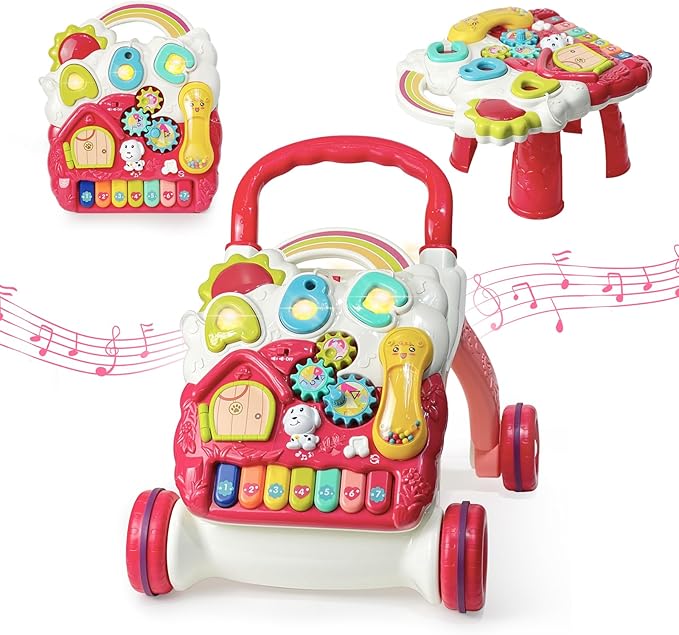 Sit to Stand Baby Walker, Activity Center with Music and Light, Activity Table for Toddlers, Push Toys for Babies Learning to Walk, Early Education Toys for Infant Boys Girls 6 Months Up (Red)