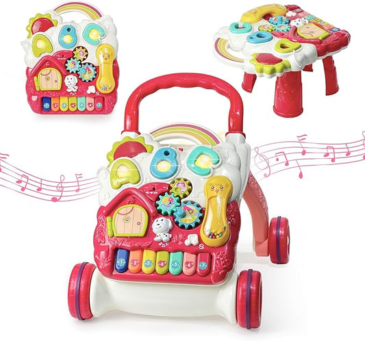 Sit to Stand Baby Walker, Activity Center with Music and Light, Activity Table for Toddlers, Push Toys for Babies Learning to Walk, Early Education Toys for Infant Boys Girls 6 Months Up (Red)