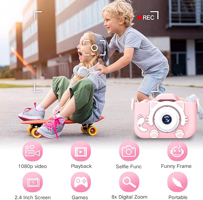 Goopow Kids Camera Toys for 3-8 Year Old Girls Boys,Children Digital Video Camcorder Camera with Cartoon Soft Cover, Best Chritmas Birthday Festival Gift for Kids - 32G SD Card Included