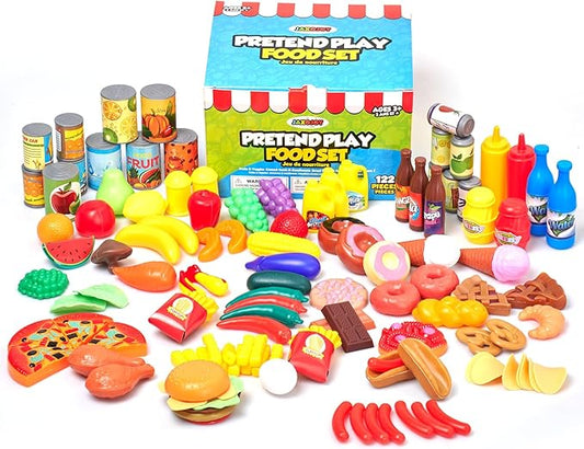 Jaxojoy 122 Piece Pretend Food Set for Kids - Food Toys for Kids Kitchen Set - Pretend Play Kitchen Accessories and Playset for Interactive and Imaginative Activities