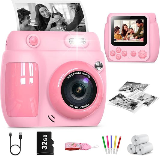 Kids Camera Instant Print, Birthday Gifts for Girls Boys with 3 Rolls Print Paper & 32GB Card, 48MP Toddler Digital Camera 1080P HD Video Toys Cameras for Kids 3-12, Pink