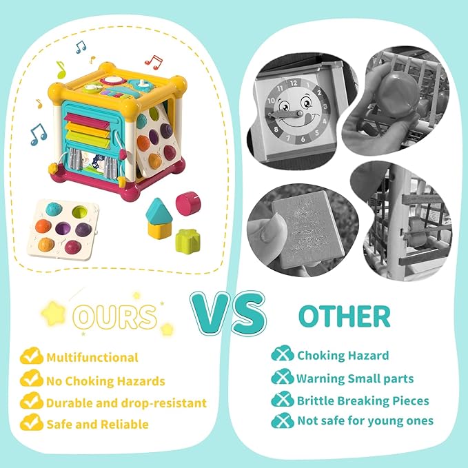 Baby Activity Cube, Cube Toys for Babies 6-12 Months, Toddler Music Busy Board with 4 Sensory Shape Blocks, 6-in-1 Educational Early Development Toy, Christmas, Birthday Gift for 1 Year Old