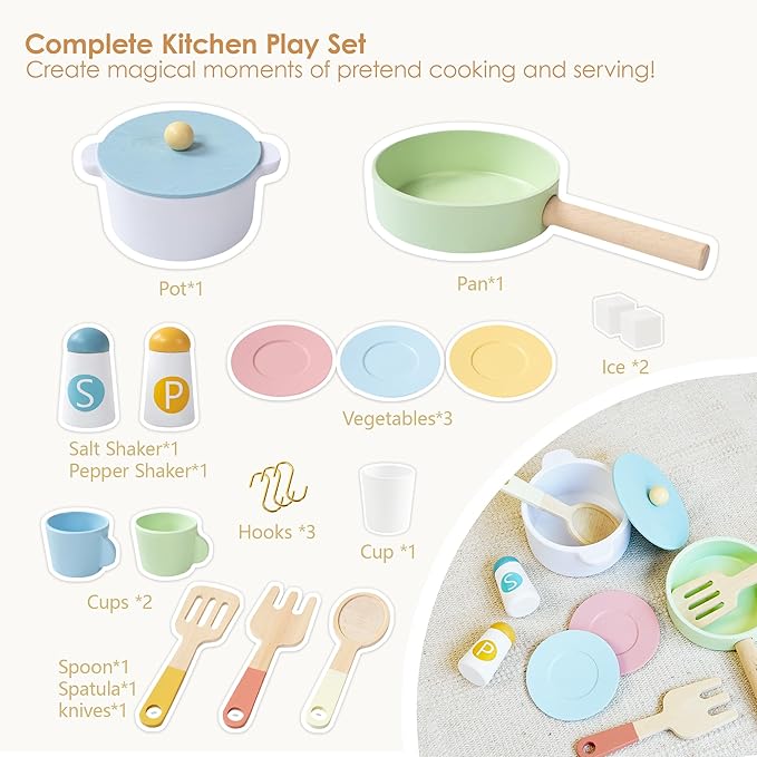 Wooden Play Kitchen for Kids with Ice Maker — Small White Pretend Kitchen Set with Sink, Stove, Oven & Microwave, Utensils and Storage, Montessori Role-Play Toy, Gift for Toddlers Ages 3+
