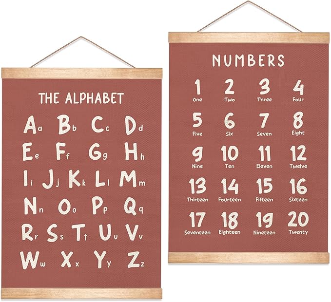 Educational Wall Art Set of 2, Numbers 1-20 and Alphabet Chart, Learning Posters for Kids,ABC Banner Poster, Banner Wall Hanging Decor for Toddler Room Playroom Nursery Wall Classroom Decor (Brown)