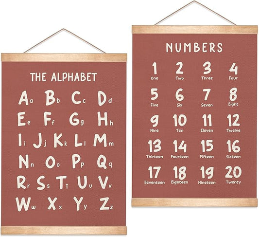 Educational Wall Art Set of 2, Numbers 1-20 and Alphabet Chart, Learning Posters for Kids,ABC Banner Poster, Banner Wall Hanging Decor for Toddler Room Playroom Nursery Wall Classroom Decor (Brown)