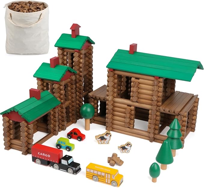 Wondertoys 456Pcs Big Villa Wooden Log Set Real Wood Logs Classic Building Log Ages 3+ Best Retro Building Gift Set Creative Construction Engineering Educational Gifts